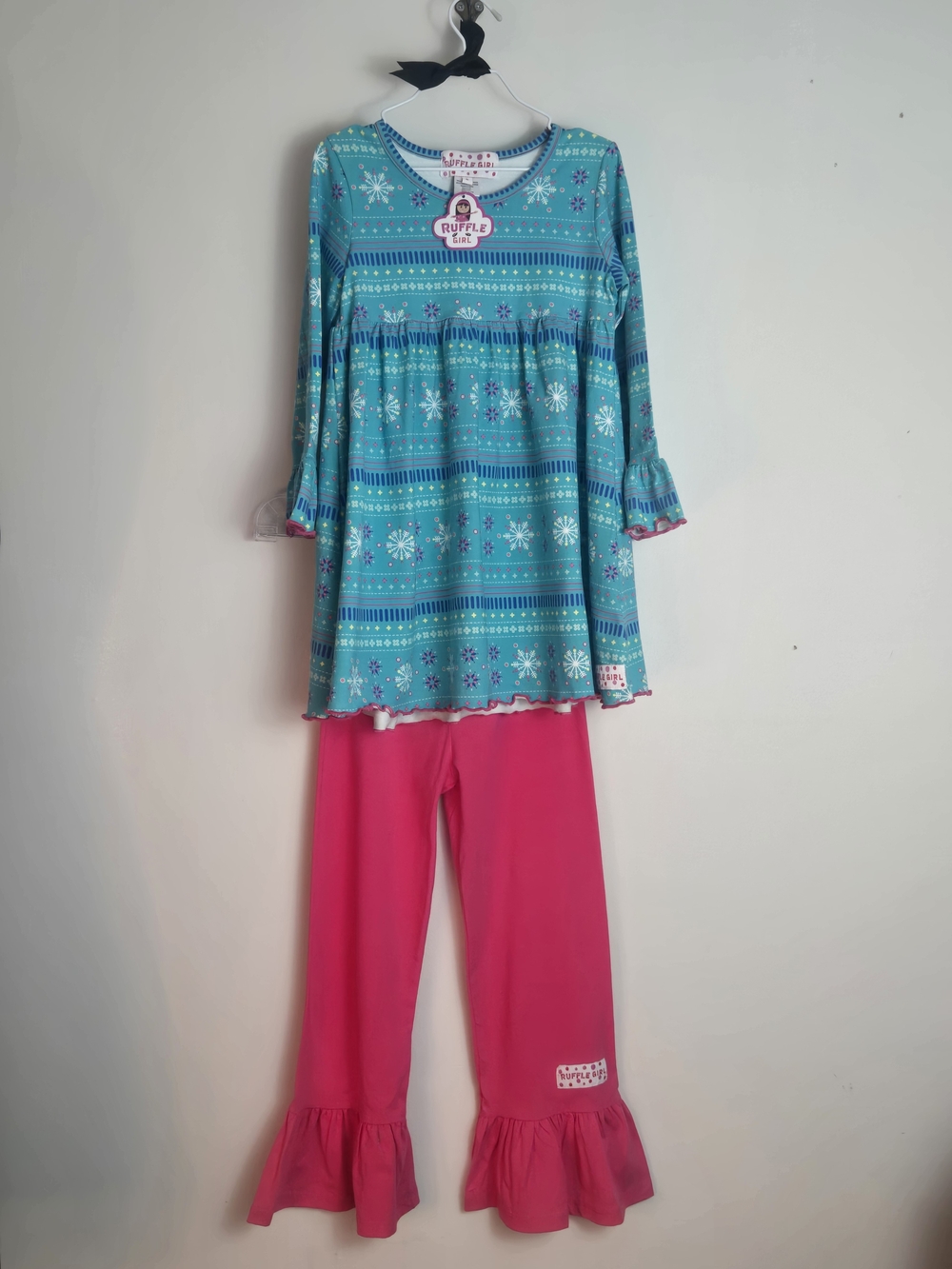 Ruffle Girl Teal Snowflake Tunic with Bright Pink Ruffle  Pants